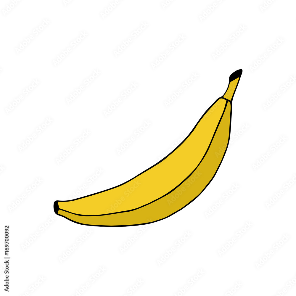 Doodle banana vector illustration drawing, isolated on white background. Banana sticker, graphic icon.