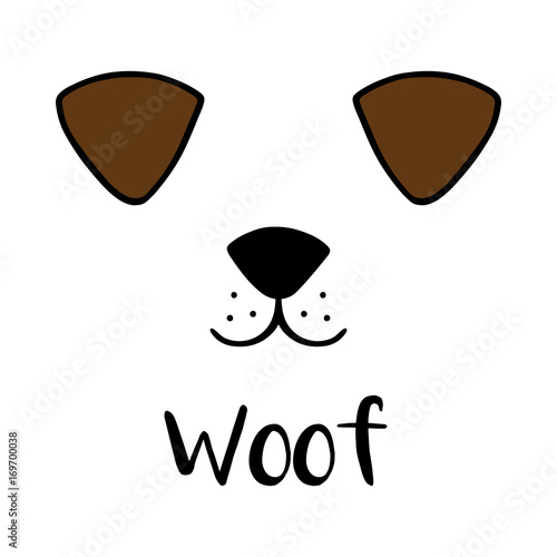 Dog woof vector illustration drawing with writing. Black outlines of dog's head, Cute puppy face with snout, ears and mouth. Isolated on white background.