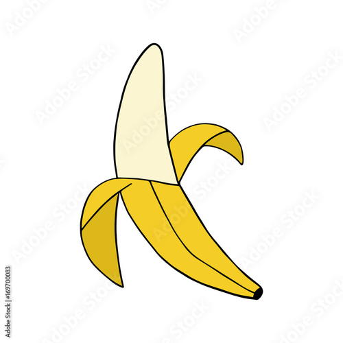 Doodle peeled banana vector illustration drawing, isolated on white background. Banana sticker, graphic icon.