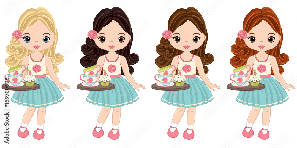 Vector Cute Little Girls with Tea Cups and Cupcakes Vector Cute Little Girls with Tea Cups and Cupcakes