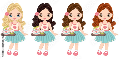 Vector Cute Little Girls with Tea Cups and Cupcakes