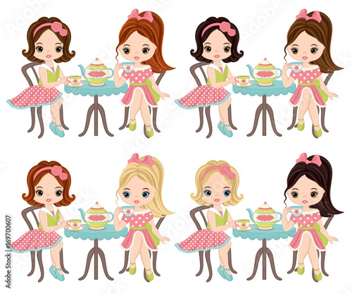 Vector Cute Little Girls Having Tea 