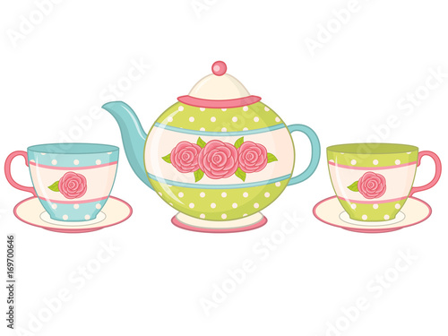 Vector Tea Pot with Tea Cups and Saucers
