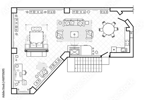 Floor plan, top view. The interior design terrace. The cottage is a covered veranda. Layout of the apartment with the furniture. Vector architecture