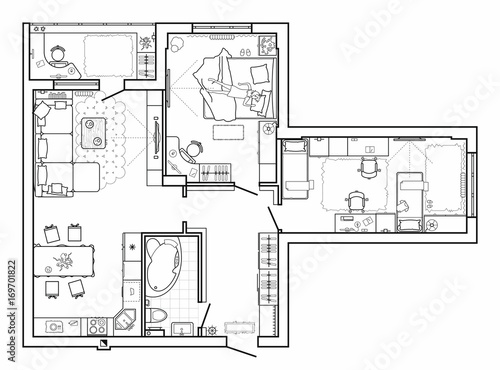Floor plan with furniture in top view. Architectural set of furniture thin line icons. Detailed layout of the modern apartment. Vector blueprint.