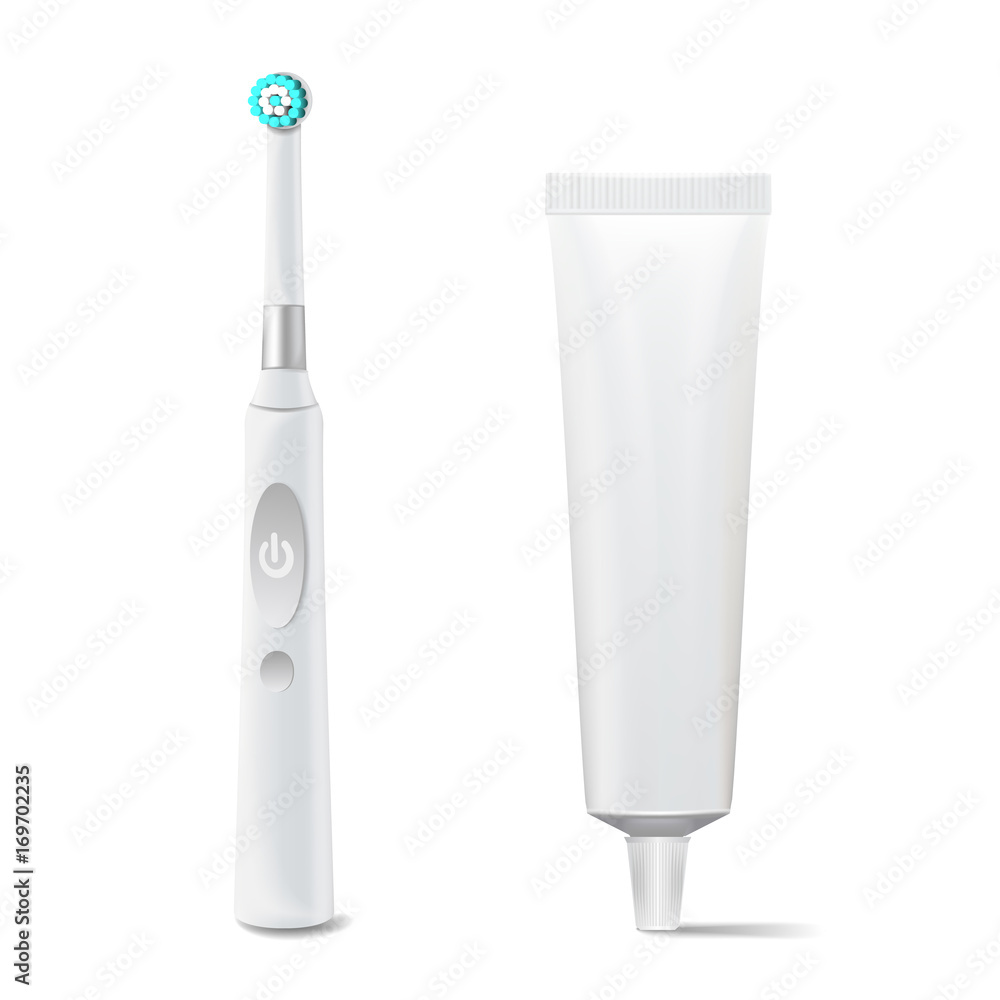 Toothbrush And Toothpaste Tube Vector. Realistic Electric Tooth Brush Mock Up For Branding Design. Isolated On White Illustration. Toothbrush And Toothpaste Tube Vector. Realistic Electric Tooth Brush Mock Up For Branding Design. Isolated On White Illustration.