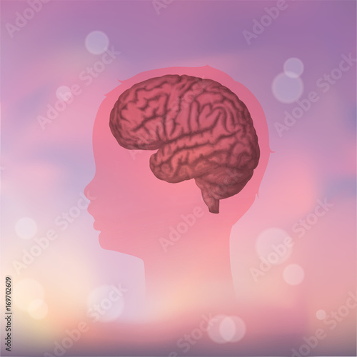 Child head with brain. Vector mecdical illustration. Pink blurred background.