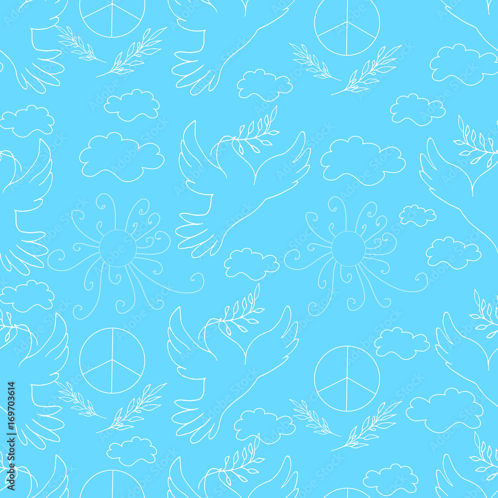 Bird of peace, pacifier, sun, sky, cloud, white outline on a blue ...