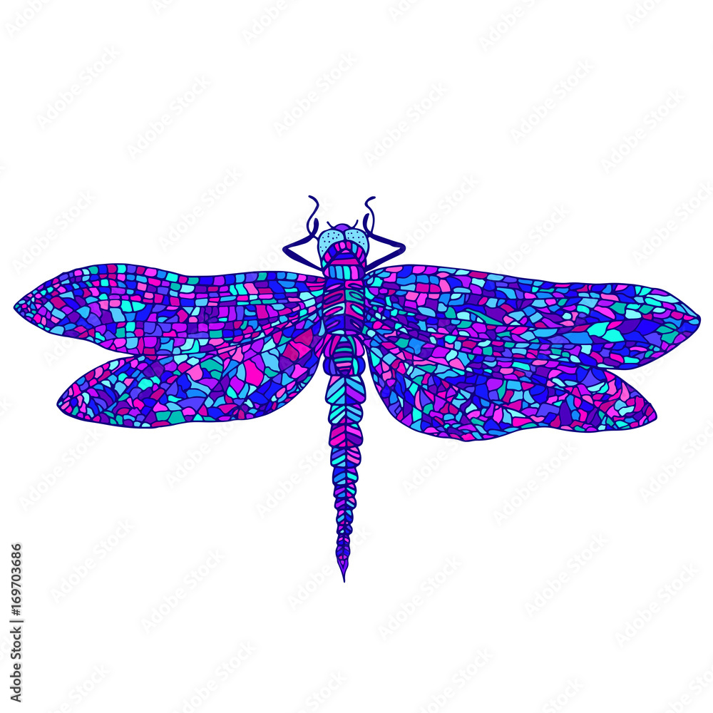 Decorative, beautiful, graceful dragonfly, psychedelic style, multicolor cartoon  insect, isolated on white background. A beautiful cyberpunk card. Stock  Vector | Adobe Stock
