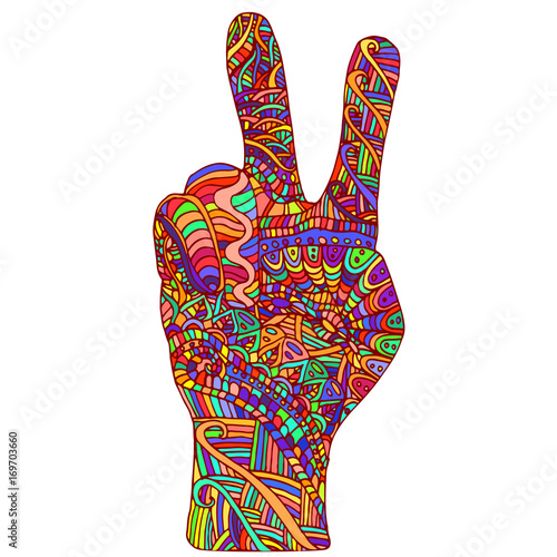 Photo Beautiful psychedelic, decorative palm, doodle style, hand showing the symbol of the world, bright stylish card,Isolated on white background