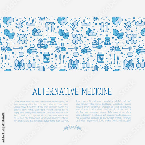 Alternative medicine concept with thin line icons. Vector illustration of banner, print media or web site for yoga, acupuncture, wellness, ayurveda, chinese medicine, holistic center.