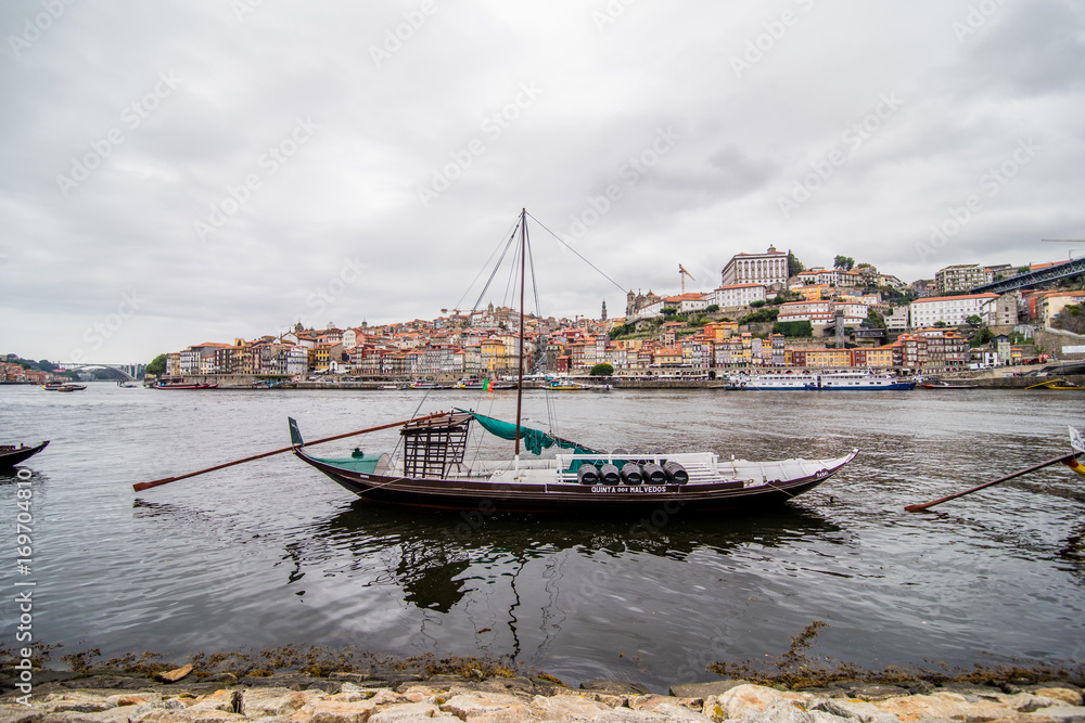 Porto, Portugal - July 2017. Wine boat in Porto, Portugal old town on the Douro River.