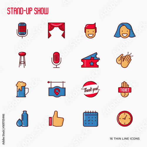 Stand up comedy show thin line icons set. Vector illustration.