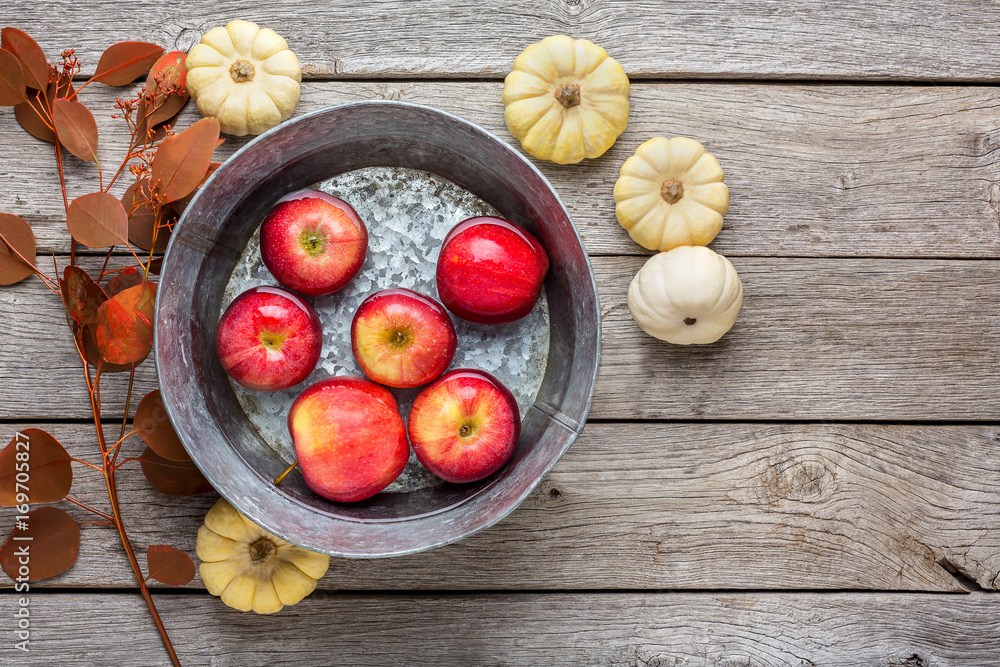 Metal basin with apples in water. Autumn harvest background Metal basin with apples in water. Autumn harvest background