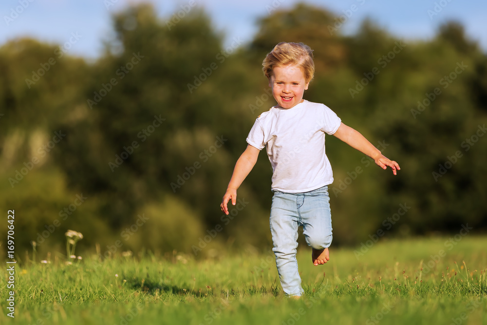 cute young boy runs over a meadow cute young boy runs over a meadow