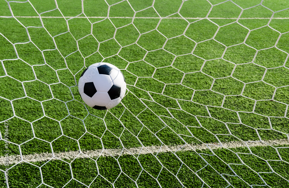Soccer football in Goal net with green grass field.