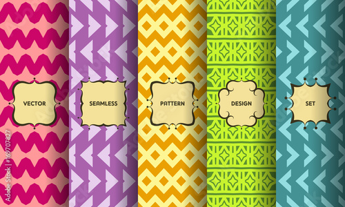 Set of seamless patterns. Collection of bright colorful vector backgrounds and vintage labels. Vector illustration