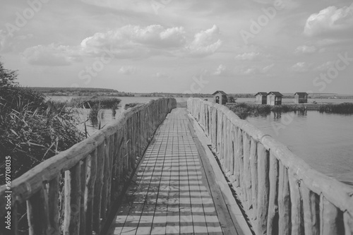 Black and white beautiful wooden bridge