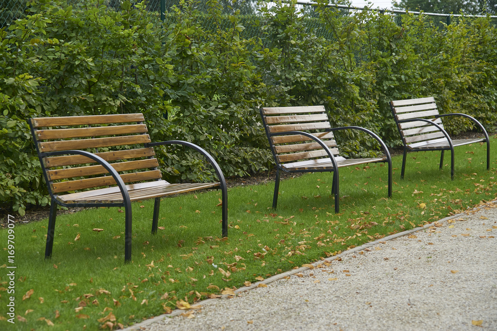 Seating benches in park