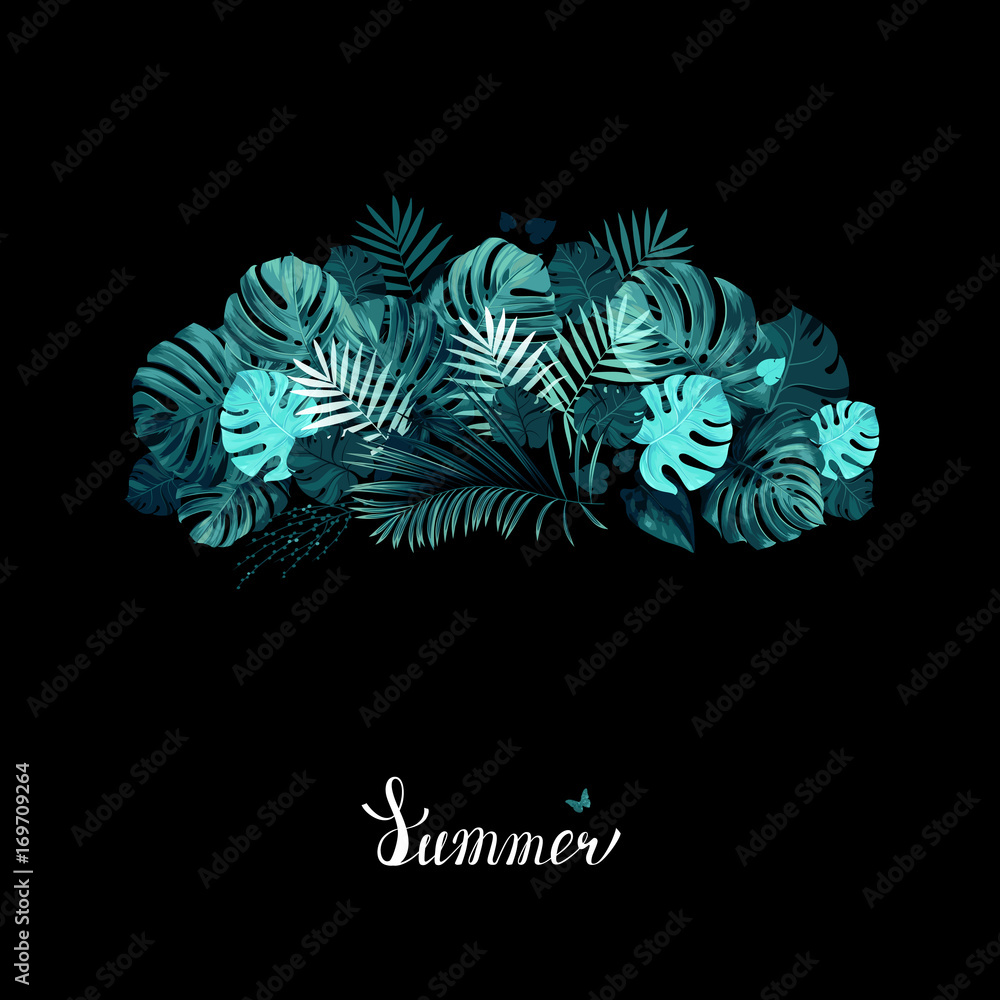 Obraz premium Banner with green tropical palm and monstera leaves on the black background. White lettering on the summer poster.