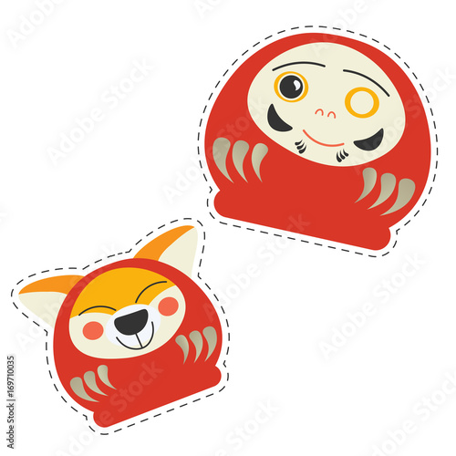 Vector cartoon stickers templates for Japanese Lunar New Year of the Dog. Daruma Doll with a cute dog face and classical kawaii Daruma doll with one eye.