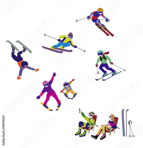 Vector illustration of Alpine Skiing, winter sport. Characters set of simple comic drawing. 