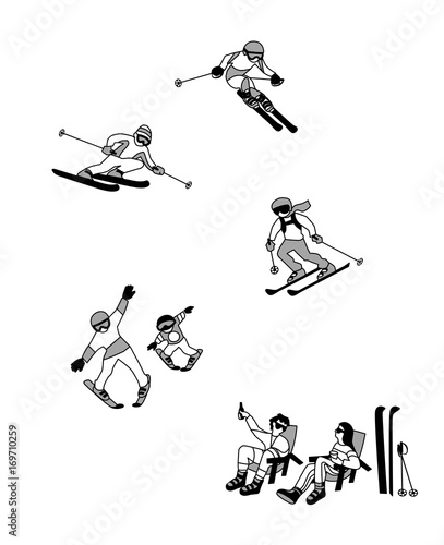 Vector illustration of Alpine Skiing, winter sport. Characters set of simple comic drawing. 