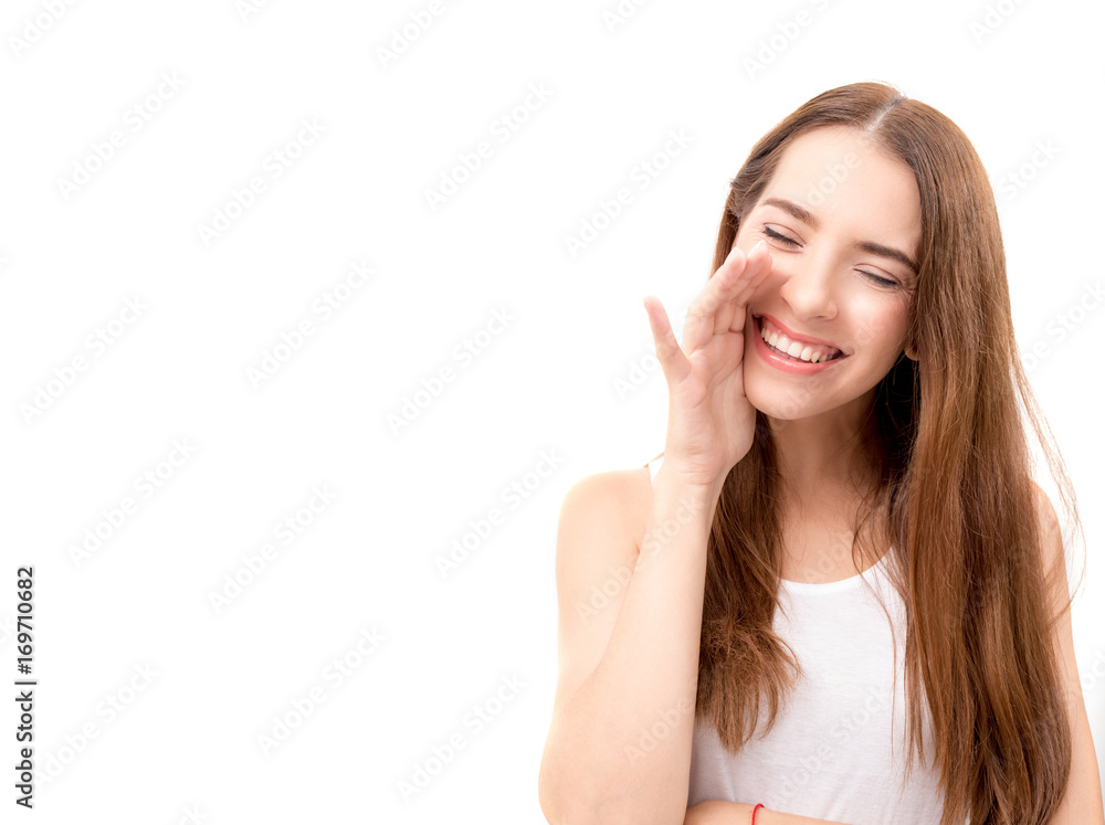 Portrait of attractive caucasian smiling woman long blond hairs isolated on white ,in studio ,copy space Portrait of attractive caucasian smiling woman long blond hairs isolated on white ,in studio ,copy space