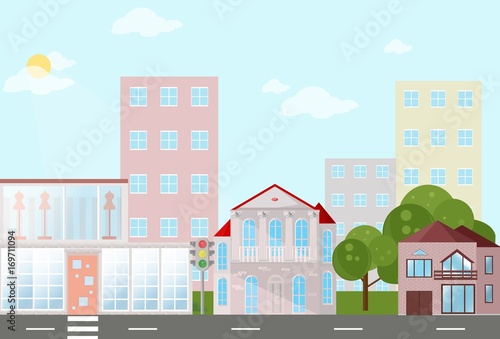 Buildings houses village architecture. Modern flat style vector illustrations