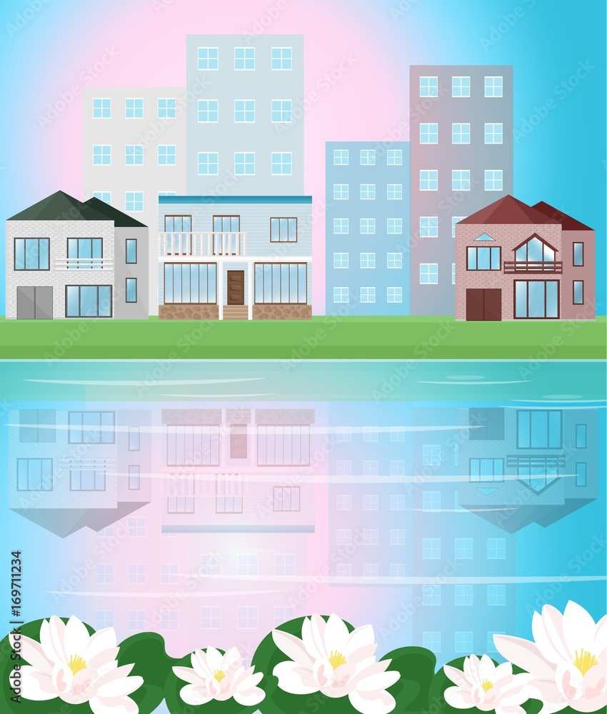 Village view with reflection Vector illustration