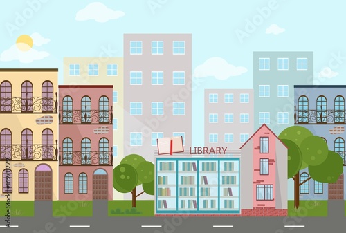 Bookshop in a town Vector illustration © castecodesign