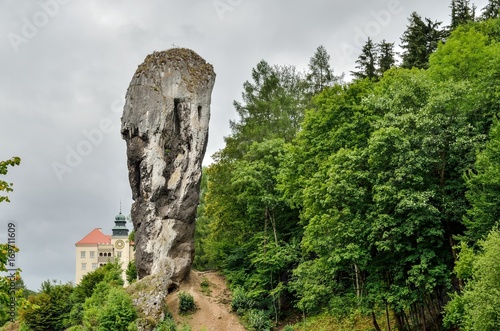 Beautiful antique rock and historic castle. Hercules Mace and castle in Pieskowa Skala in Poland.