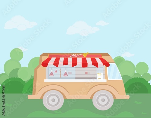 Meat bus Vector illustration. fresh food delivery truck flat style