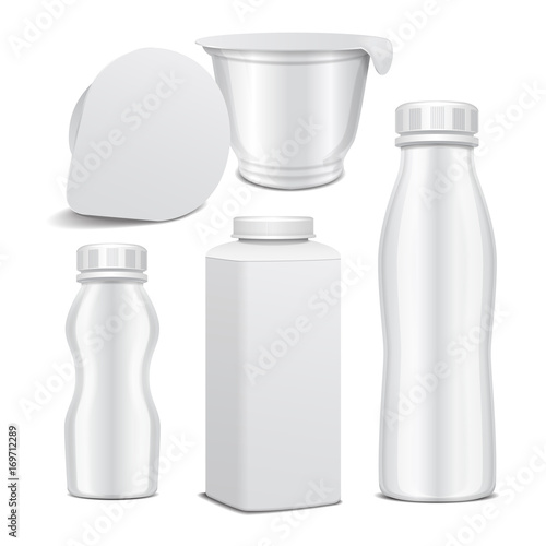 Set of vector plastic bottle and round white glossy plastic pot for dairy products. For milk, drink yogurt, cream, dessert. Realistic mockup template