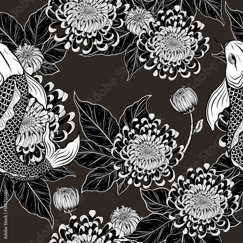 Koi fish and chrysanthemum pattern by hand drawing.Tattoo art highly detailed in line art style.Fish and flower seamless pattern.