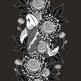 Koi fish and chrysanthemum pattern by hand drawing.Tattoo art highly detailed in line art style.Fish and flower seamless pattern.