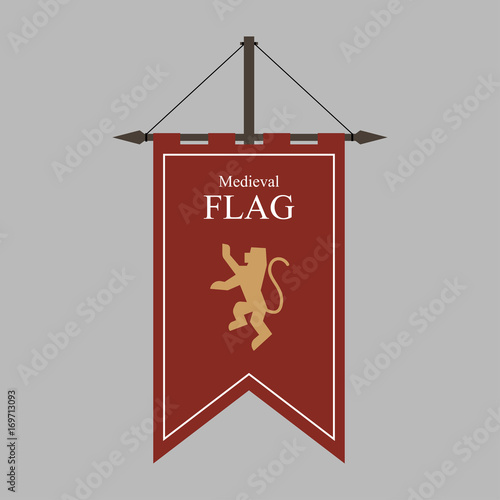 The flag of a country, state, or territory ruled by a king or queen. medieval vintage style flat design vector illustration. middle age kingdom. lion on red flag.