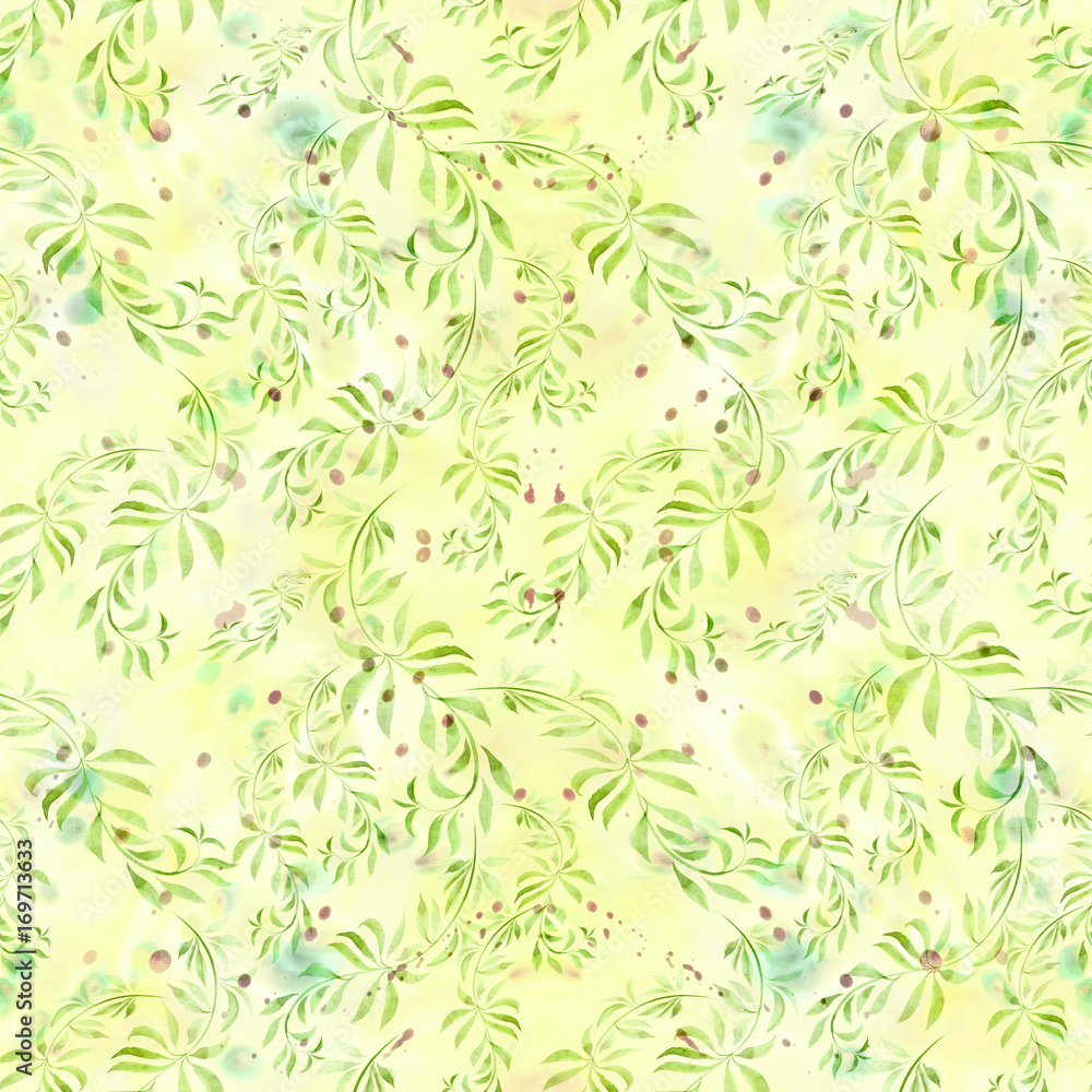 Fototapeta premium Branches with leaves - a decorative composition on a watercolor background. Seamless pattern. Use printed materials, signs, items, websites, maps, posters, postcards, packaging.
