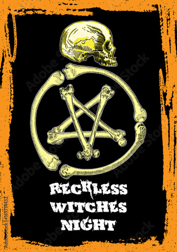 Hand drawn style Halloween poster design with holiday symbols and calligraphy.  Colourful flyer and party invitation design. Vector.
