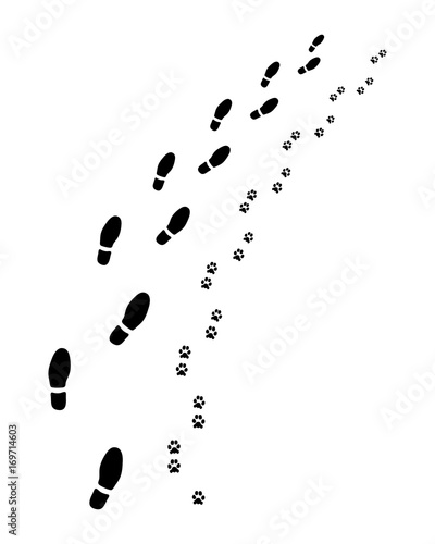 Footprints of man and dog, turn right, vector