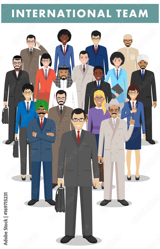 Group of business men and women, working people standing together on white background. Business team and teamwork concept. Different nationalities and dress styles. Flat design people characters. Group of business men and women, working people standing together on white background. Business team and teamwork concept. Different nationalities and dress styles. Flat design people characters.