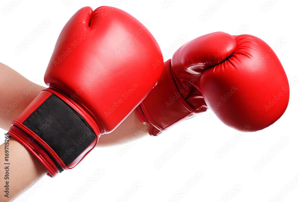 isolated hands in red boxing gloves on white background