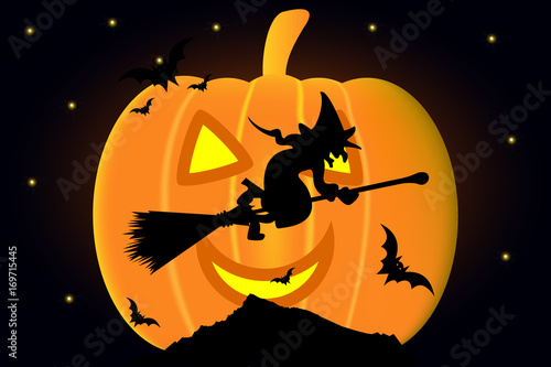 Witch on a broomstick, Happy halloween, Month as a pumpkin