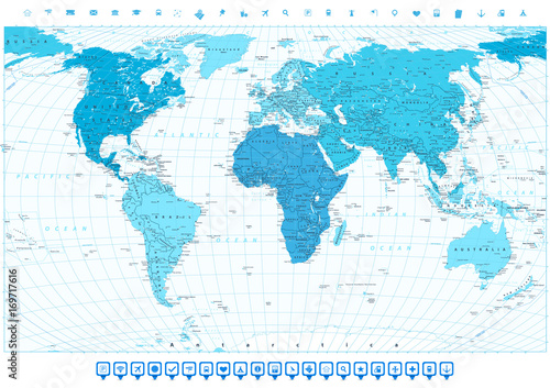 World map with different colored continents in colors of blue and navigation icon set