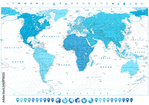 World Map in colors of blue and 3d globes