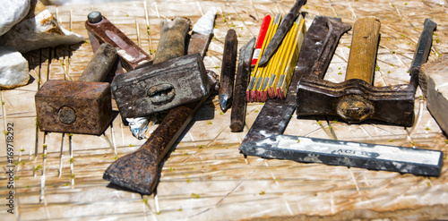 Фотография Selection of Marble Cutting Hand Tools, from a bygone era