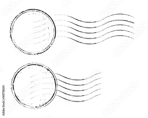 Set of postal stamps and postmarks, black isolated on white background, vector illustration.