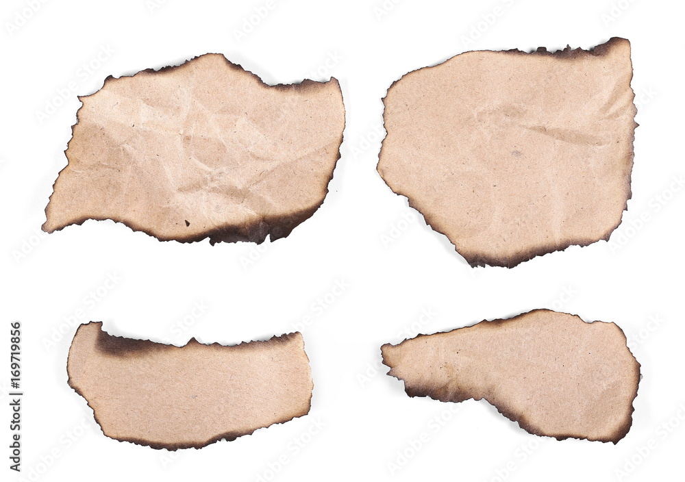 Burnt cardboard scraps, set and collection, isolated on white background