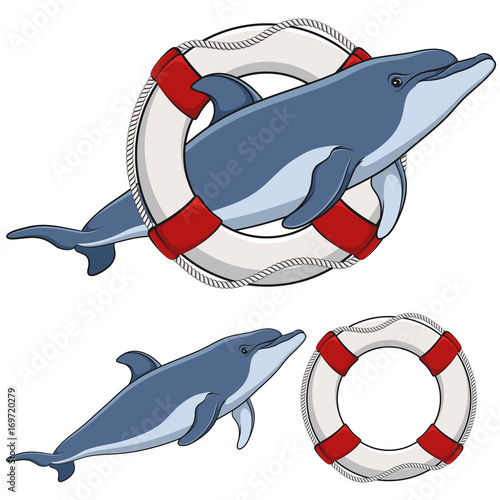 Set of color illustrations with a dolphin and a life buoy. Isolated objects on white background.