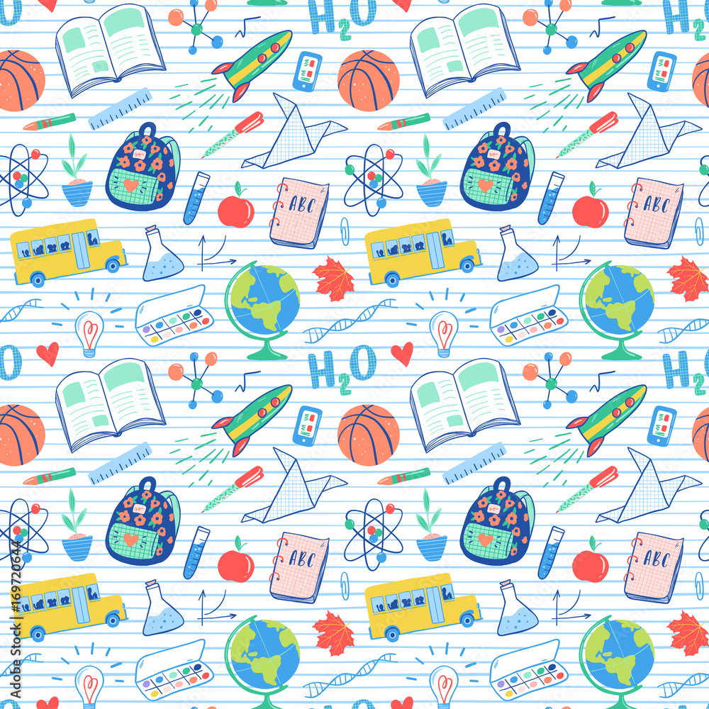 Back to school seamless pattern. School bus, rocket, globe, backpack, ball, book, chemistry, test tubes, paint, plant, telephone. School doodles icons illustration. Back to school seamless pattern. School bus, rocket, globe, backpack, ball, book, chemistry, test tubes, paint, plant, telephone. School doodles icons illustration.